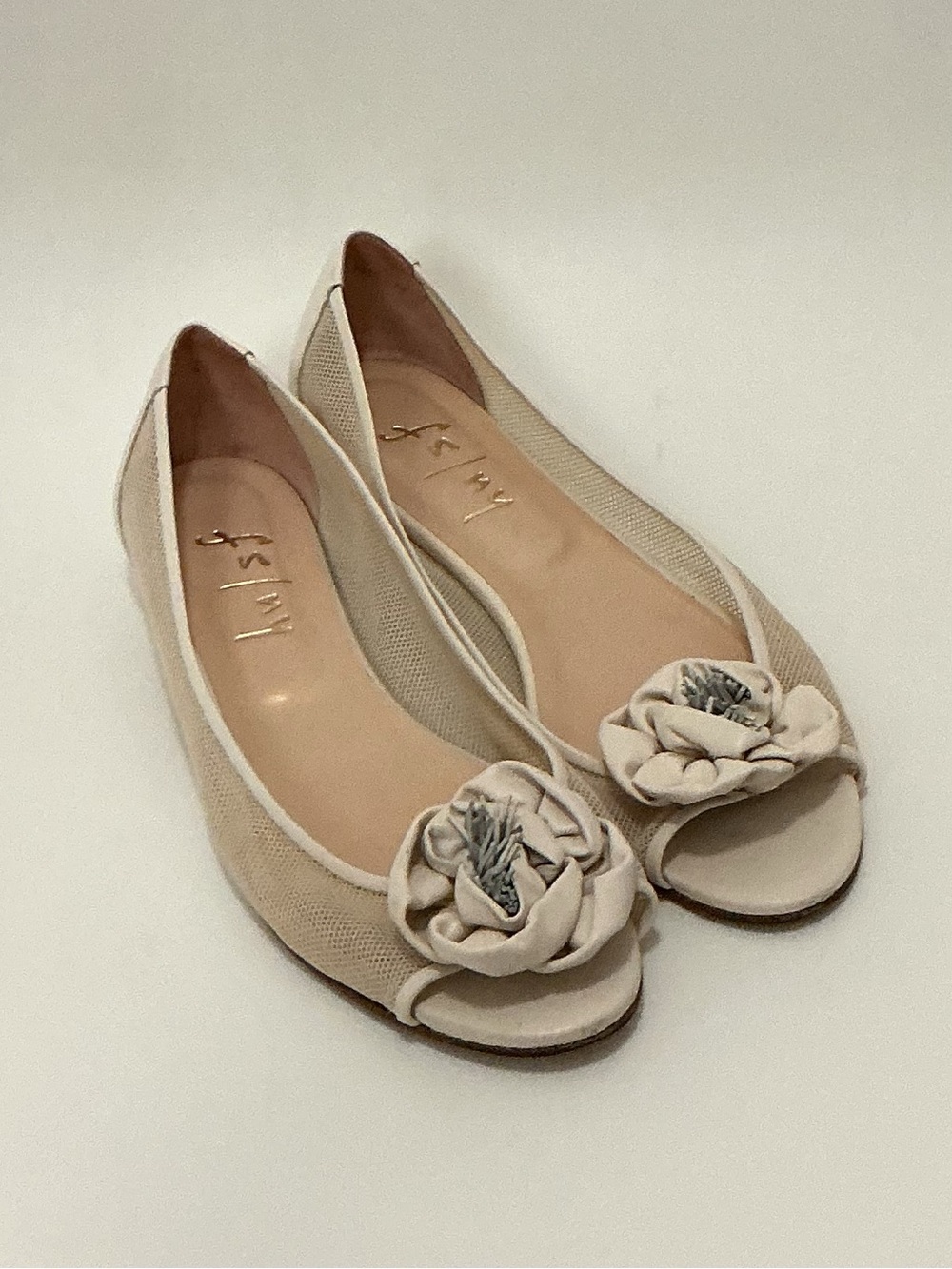 French Sole Cream Peep-Toe Flats with Floral Rosette